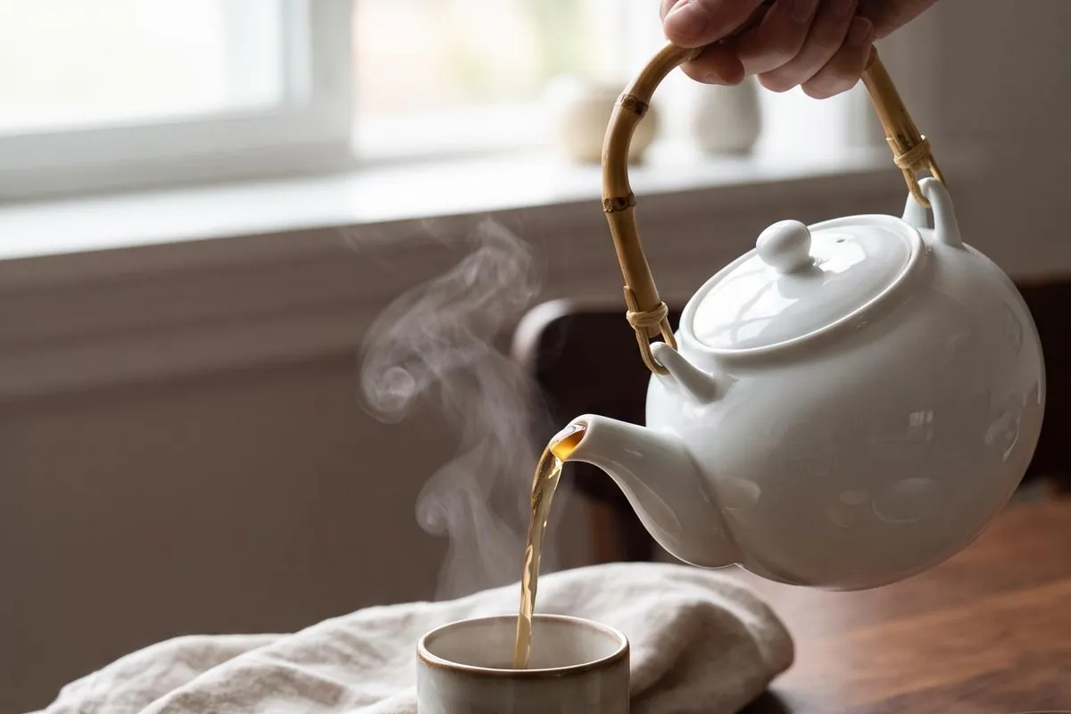 A porcelain teapot pouring tea, a still that Souna turned into a short video
