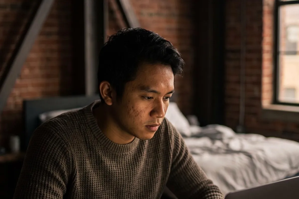 A young content creator working at a laptop in a dark loft in the early morning