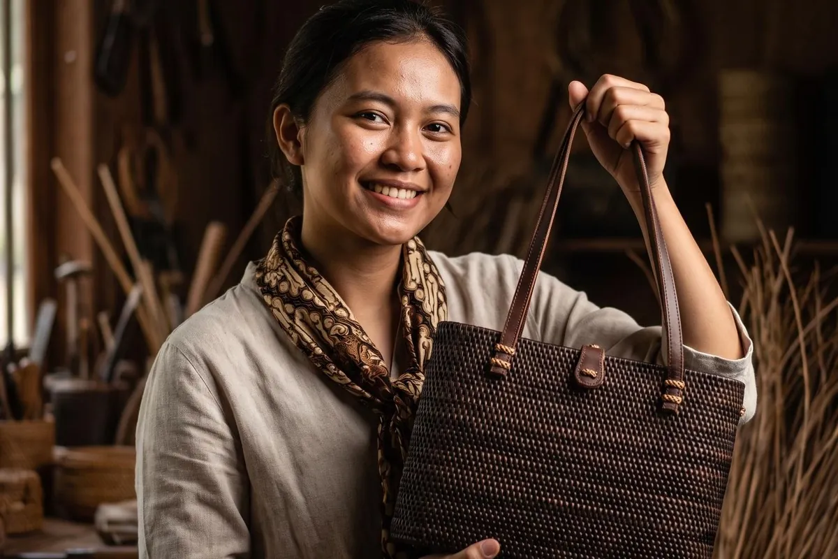 Pemilik usaha kecil memegang tas rotan buatan tangan di bengkelnya