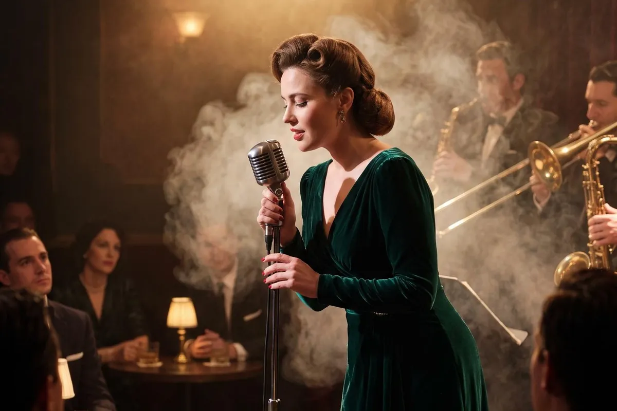 Portrait of a jazz singer in an emerald dress in a smoky 1950s club, made with Souna Lumen