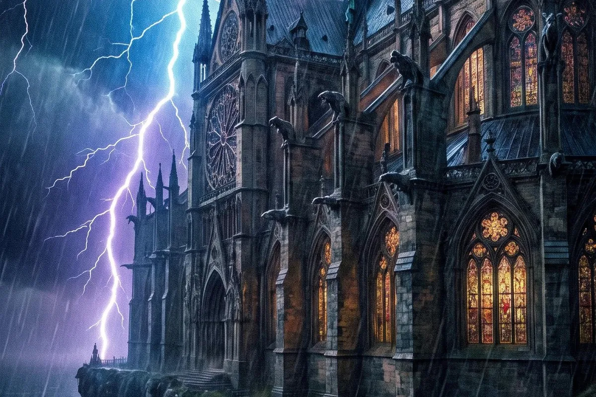 A gothic cathedral on a cliff in a lightning storm, dark fantasy art