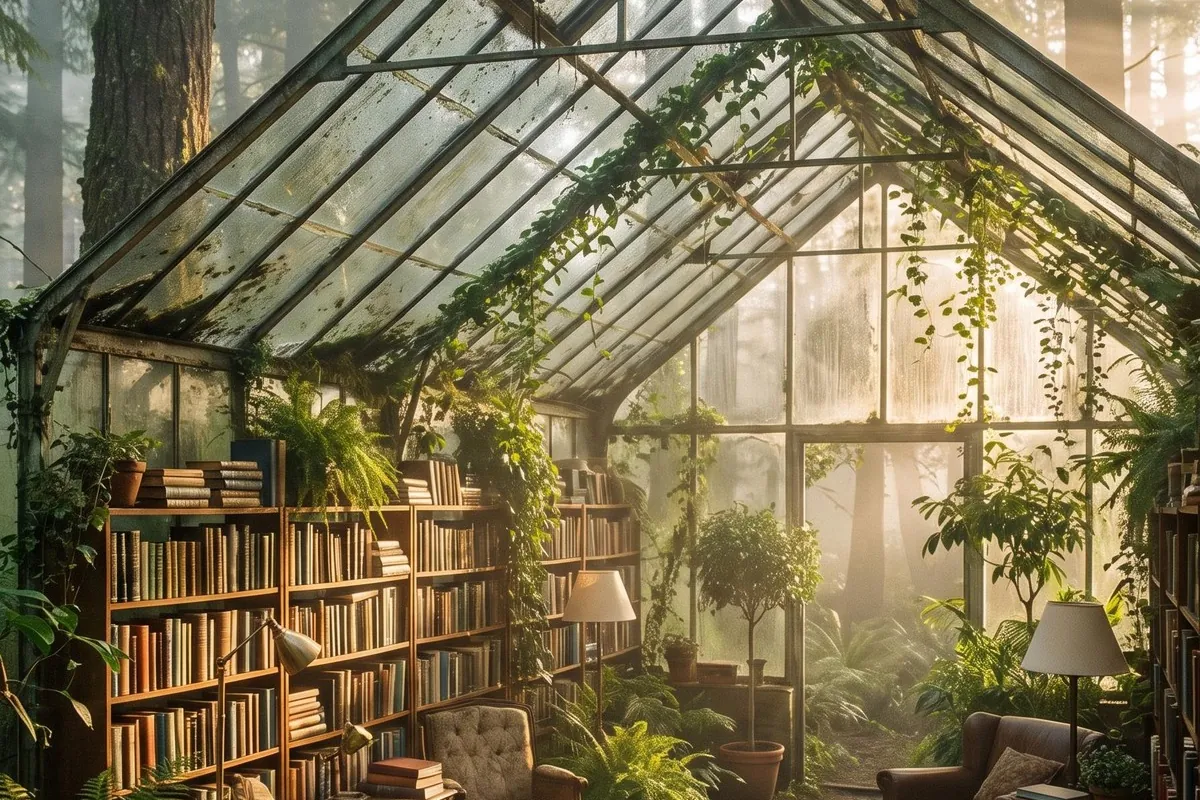 A glass greenhouse library in a misty forest, made with Souna Lumen